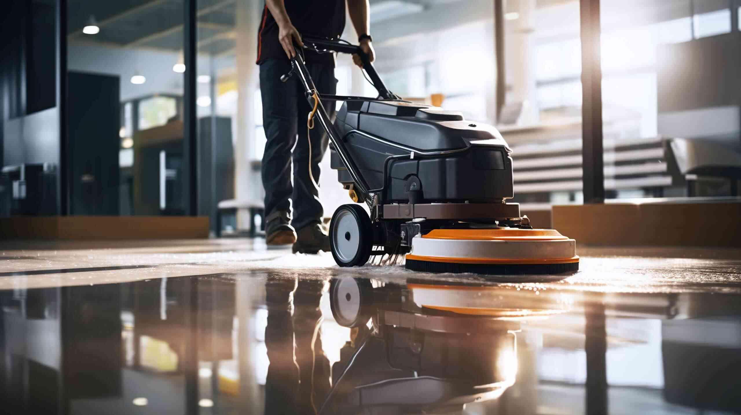 Professional office cleaning scene with modern equipment and pristine environment